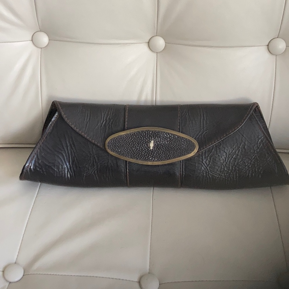 R & Y Agousti chocolate clutch with eel skin